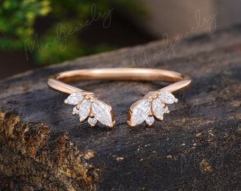 Rose gold Open ring vintage Unique Marquise cut Moissanite diamond Curved wedding band women Solid Gold Matching Bridal promise gift