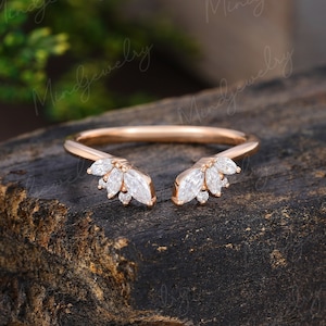 Rose gold Open ring vintage Unique Marquise cut Moissanite diamond Curved wedding band women Solid Gold Matching Bridal promise gift