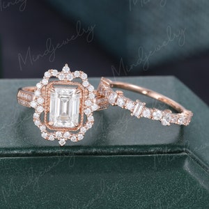 Art deco Emerald cut moissanite engagement ring set Non traditional halo ring Romantic flower promise bridal set half eternity pave band