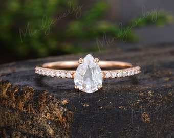 White sapphire engagement ring rose gold pear shaped Unique engagement ring vintage Diamond Half eternity wedding Bridal Anniversary gift