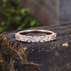 Unique Half Eternity Baguette cut Morganite wedding band vintage Rose gold wedding band women Matching band Bridal Promise gift for her