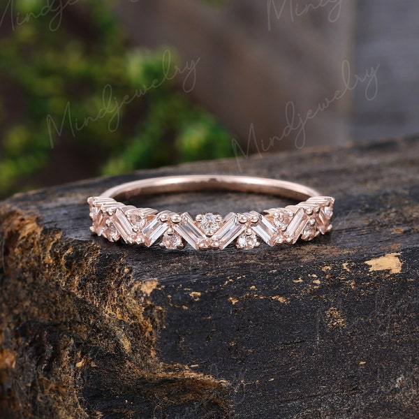 Unique Half Eternity Baguette cut Morganite wedding band vintage Rose gold wedding band women Matching band Bridal Promise gift for her