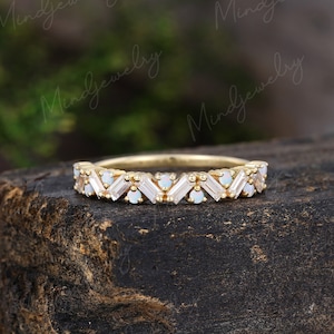 Unique Half Eternity Baguette cut Moissanite wedding band vintage Yellow gold opal wedding band women Matching band Bridal Promise gift