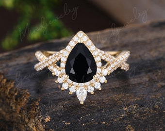 Rose Gold Engagement Ring Set Vintage Pear Shaped White - Etsy