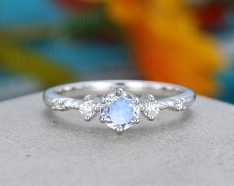 Unique White gold engagement ring Antique Moonstone engagement ring vintage Solid 14K diamond wedding Bridal Anniversary gift for women
