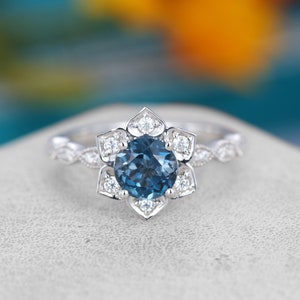 London blue topaz engagement ring white gold Unique Flower vintage engagement ring for her Half eternity diamond Bridal wedding Anniversary