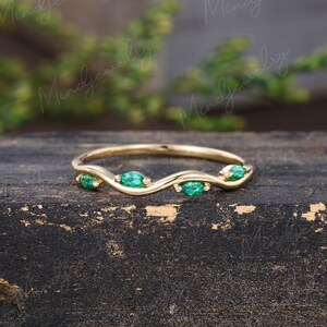 Emerald wedding band Rose gold wedding band women Unique Marquise cut emerald vintage Bridal Matching Stacking wave leaf ring Promise gift