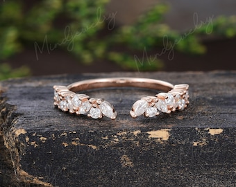 Moissanite wedding band vintage Rose gold Open wedding band women Half eternity Marquise Matching Unique Bridal Stacking Promise gift