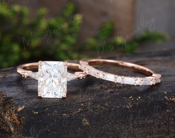 Radiant cut moissanite engagement ring set Unique rose gold engagement ring vintage baguette cut moissanite Bridal set Anniversary ring gift