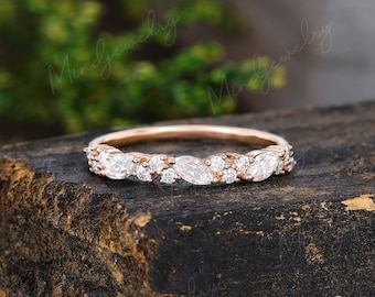 vintage Marquise cut Moissanite wedding band Rose gold wedding band women Half eternity Matching Unique Bridal Stacking Promise gift for her