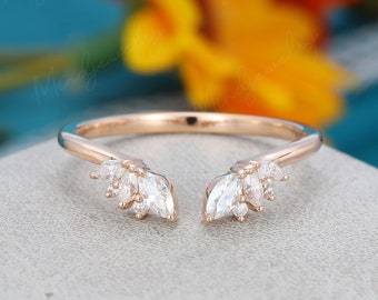 Antique Leaves CZ Diamond Wedding Band Prong Set Gap Stack Band Yellow Gold Plated Silver Ring Matching Band Anniversary Ring Promise Ring