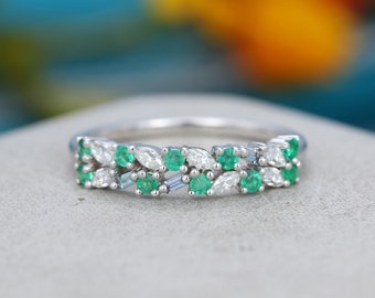 White gold Moissanite wedding band women Emerald Half eternity Marquise cut Alexandrite ring vintage Matching Unique Bridal Stacking ring