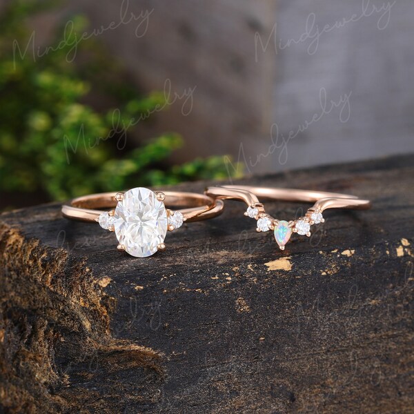 Oval moissanite engagement ring set vintage Rose gold moonstone Cluster Unique engagement ring women Curved wedding Bridal Anniversary gift