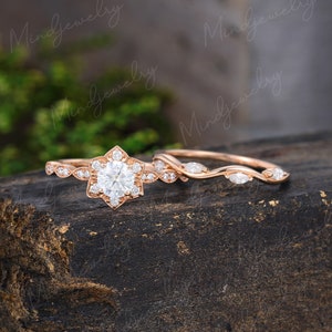 Moissanite engagement ring set  Unique Flower Rose gold engagement ring vintage eternity Marquise wedding Bridal Anniversary gift for women