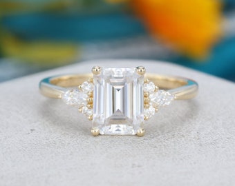 Emerald Cut Moissanite Engagement Ring Yellow Gold Unique | Etsy