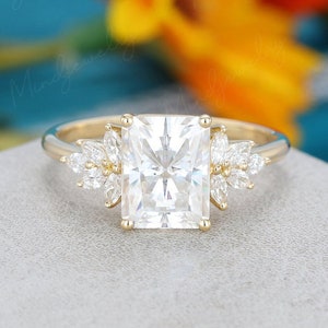 Radiant cut moissanite engagement ring yellow gold Unique Cluster engagement ring women vintage Marquise moissanite Bridal Anniversary gift
