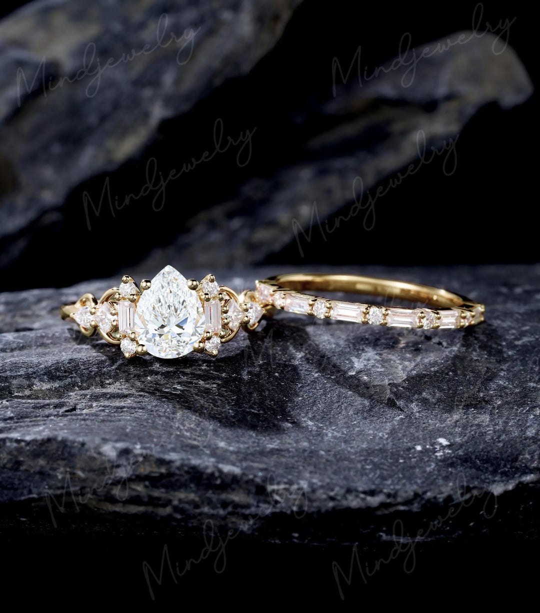6*8mm Pear Shaped Lab Diamond Engagement Ring Set Unique 14k Yellow ...