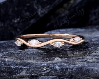Marquise cut moissanite wedding band women Solid 14K rose gold unique  diamond ring Vintage bridal matching stacking wave ring Promise gifts