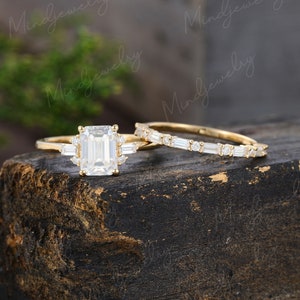 Emerald cut moissanite engagement ring set Unique yellow gold engagement ring  vintage baguette cut moissanite Bridal ring Anniversary gift