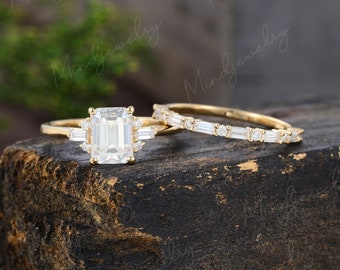 Emerald cut moissanite engagement ring set Unique yellow gold engagement ring  vintage baguette cut moissanite Bridal ring Anniversary gift