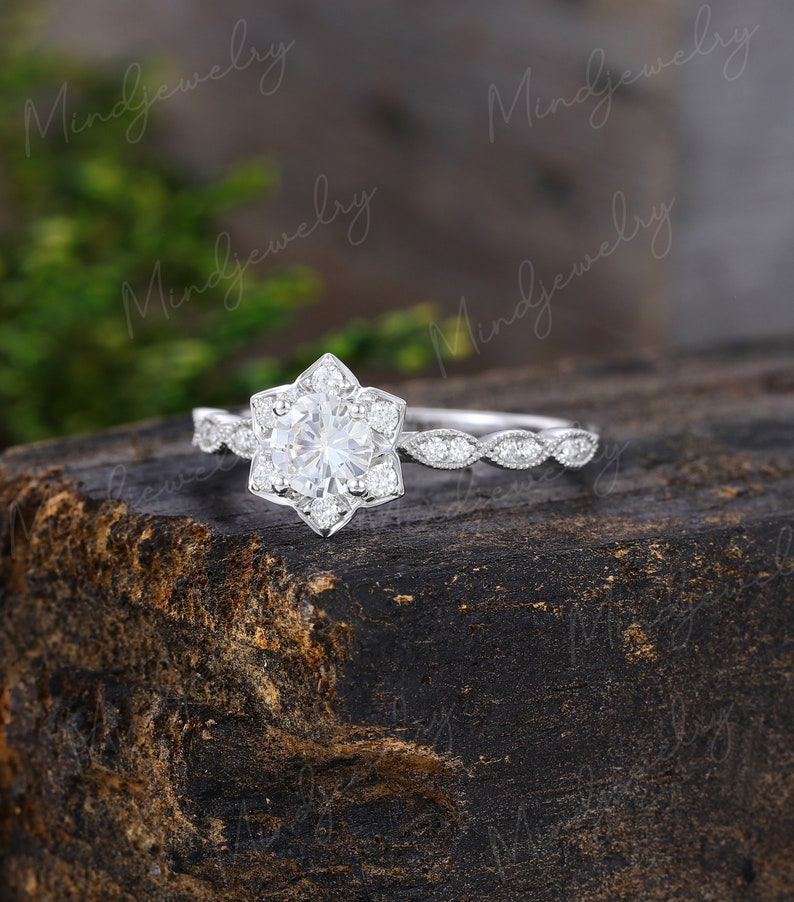 White sapphire engagement ring white gold Flower engagement ring vintage Unique Half eternity diamond wedding women Bridal Anniversary gift image 3