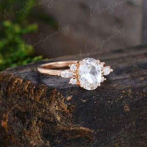 Oval White Sapphire Engagement Ring Rose Gold Unique Cluster - Etsy