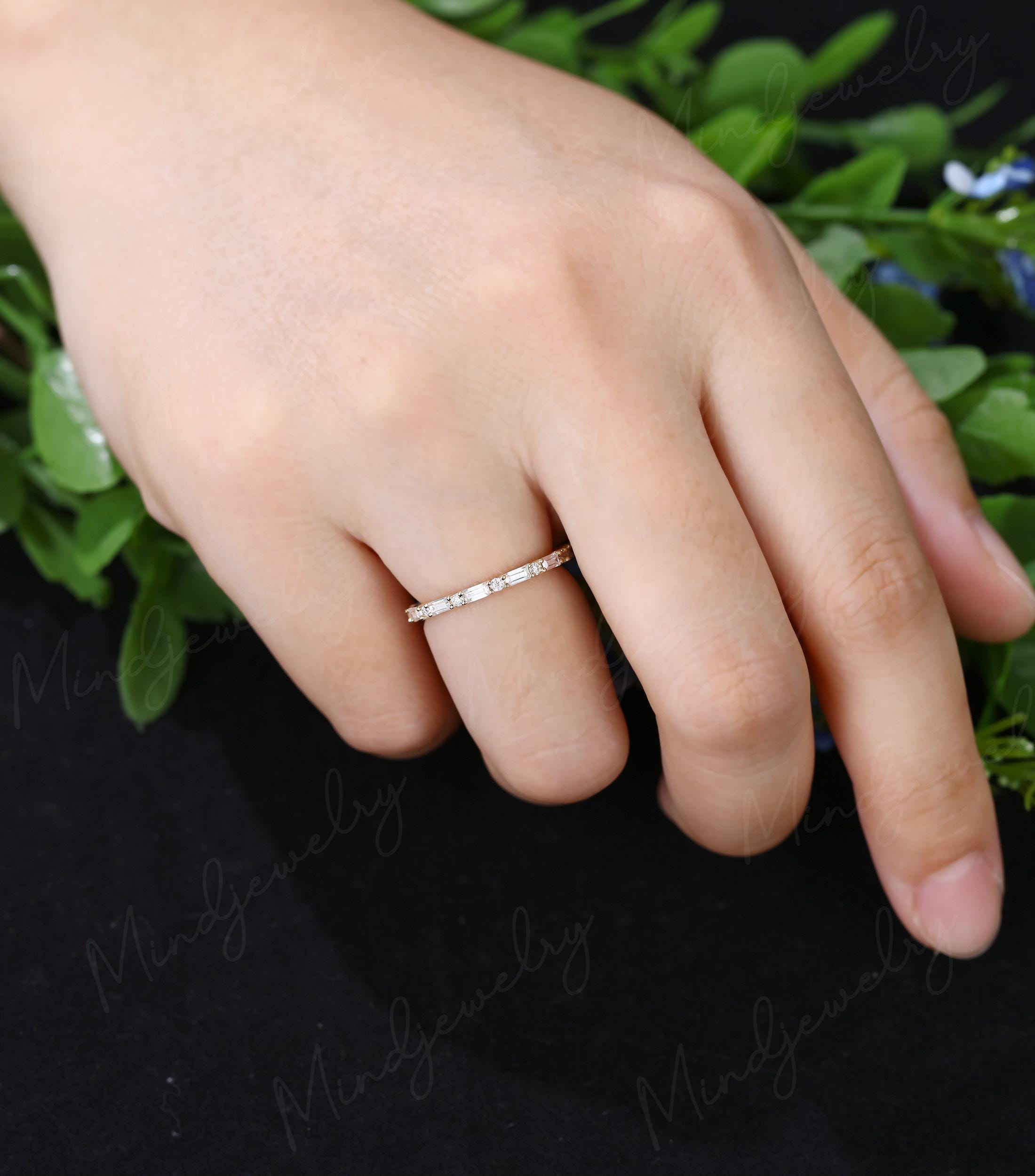 Yellow Gold Wedding Band Women Baguette Moissanite Wedding Band Vintage ...