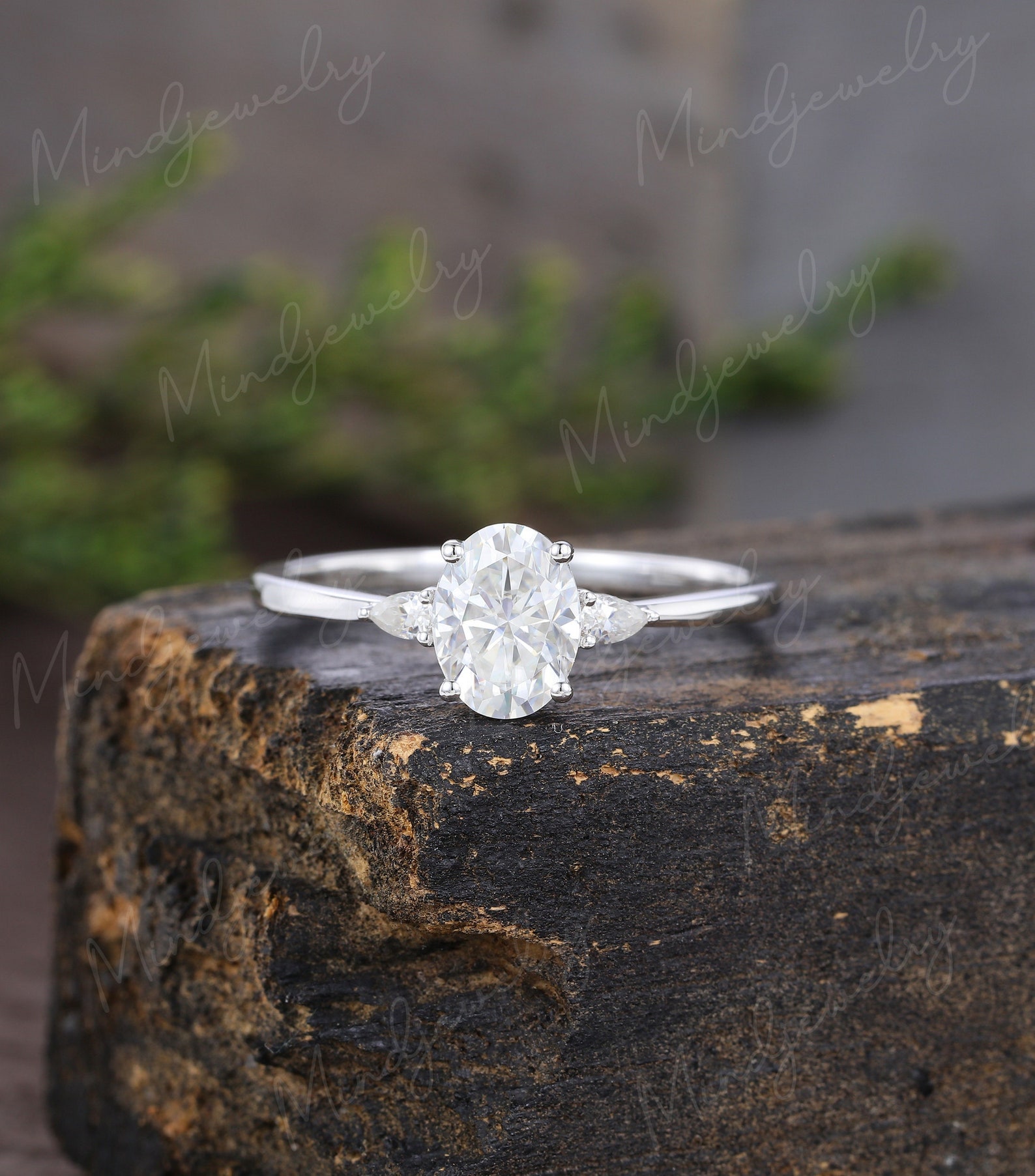 Oval Cut Moissanite Engagement Ring White Gold Unique Three Stone ...