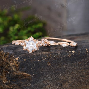 White sapphire engagement ring set rose gold Unique Flower vintage Half eternity Marquise cut diamond wedding women Bridal Anniversary gift