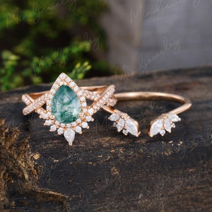 Pear shaped Moss Agate engagement ring set Rose gold Halo engagement ring women open marquise diamond wedding Bridal Promise gift for her