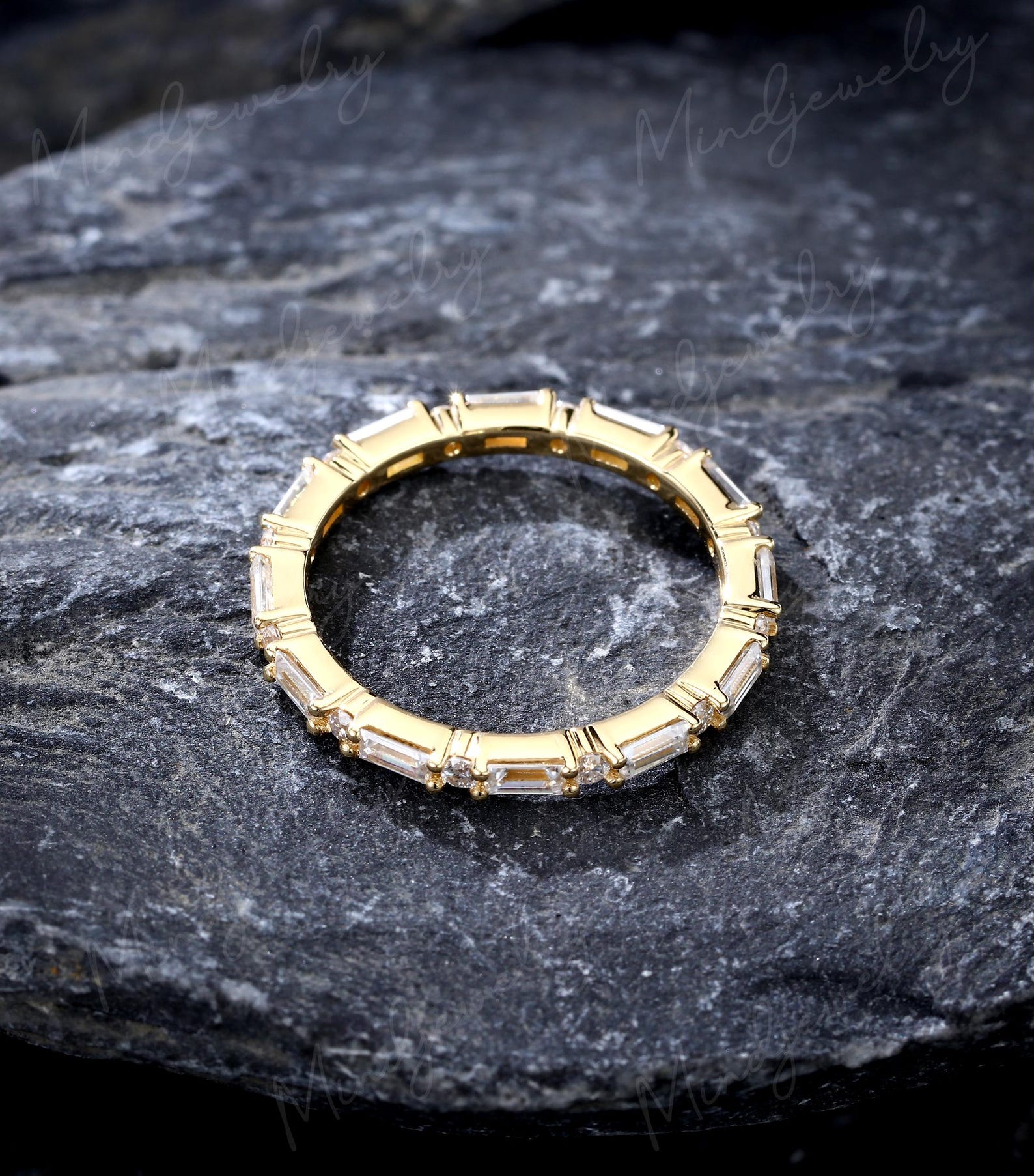 Yellow Gold Wedding Band Women Baguette Moissanite Wedding Band Vintage ...