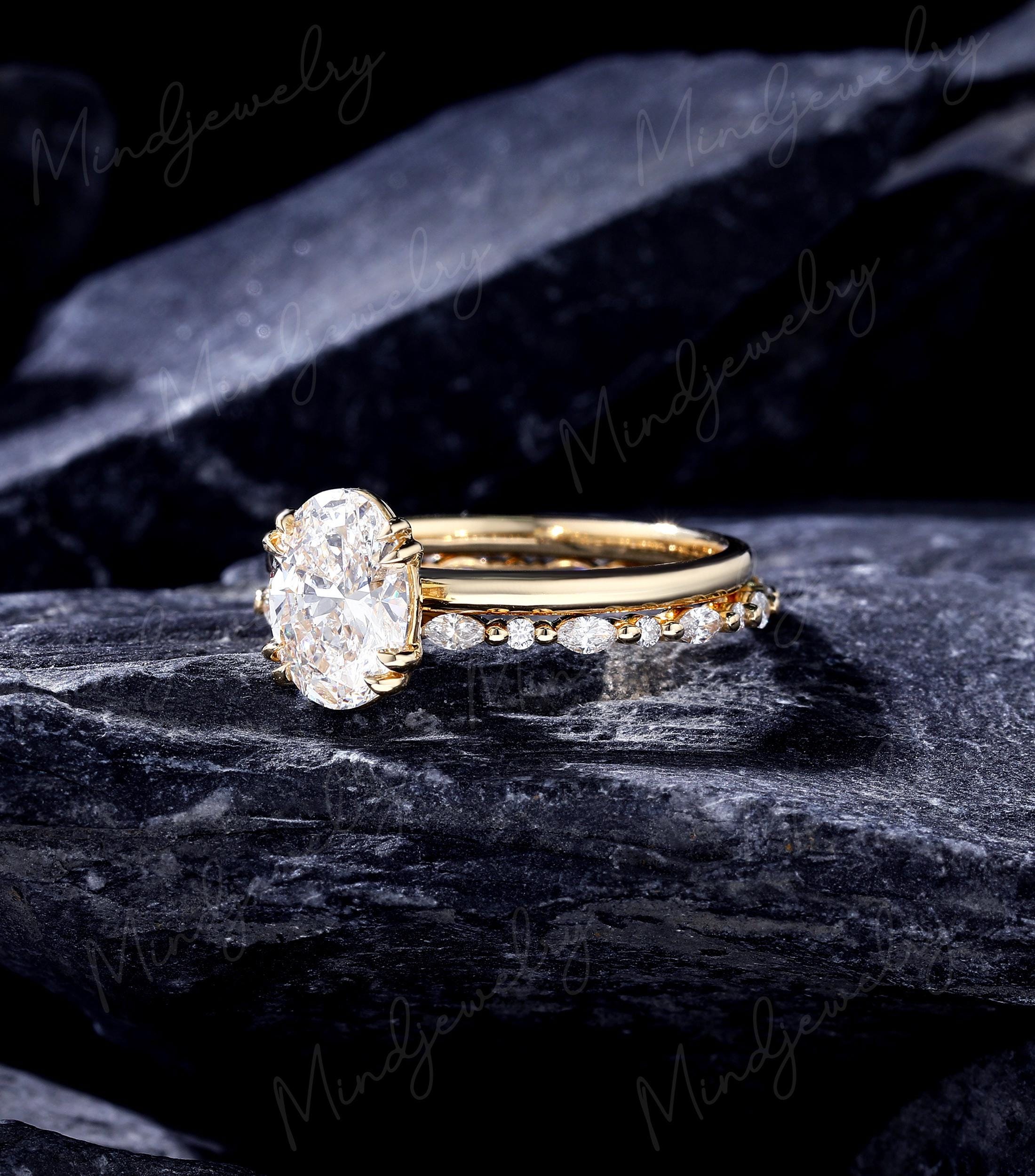 Oval Cut Moissanite Engagement Ring Set Solid 14K Yellow Gold Solitaire ...