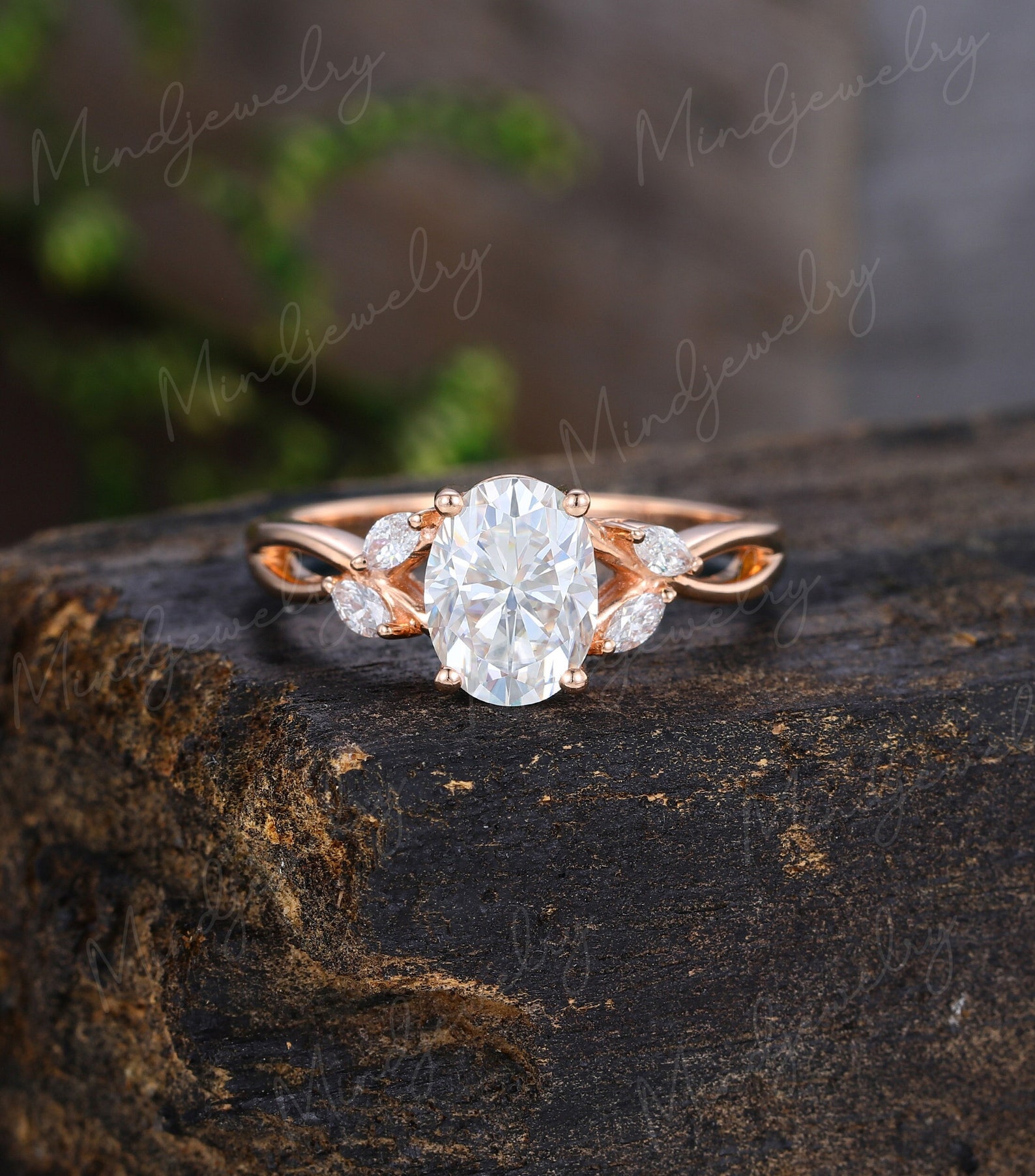 Oval Cut Moissanite Engagement Ring Yellow Gold Unique Cluster ...