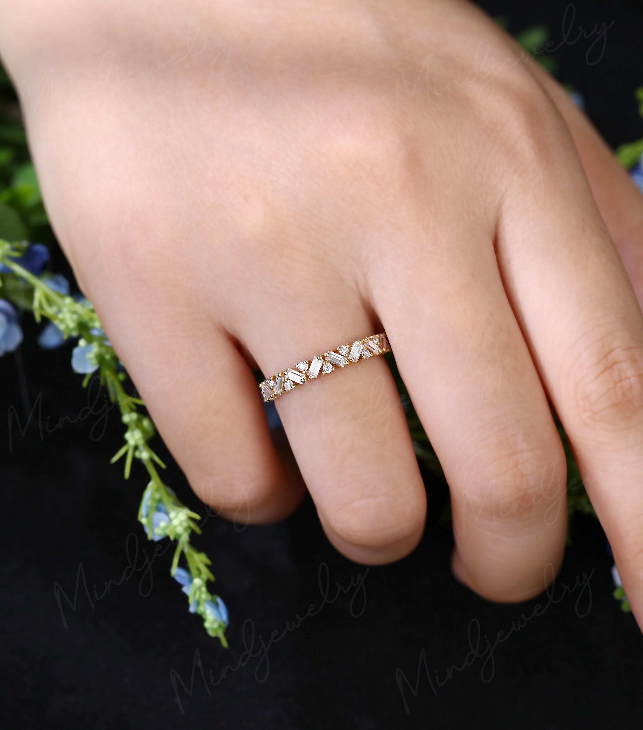 Baguette Cut Moissanite Wedding Band Vintage Solid 14k Yellow Gold Pave ...