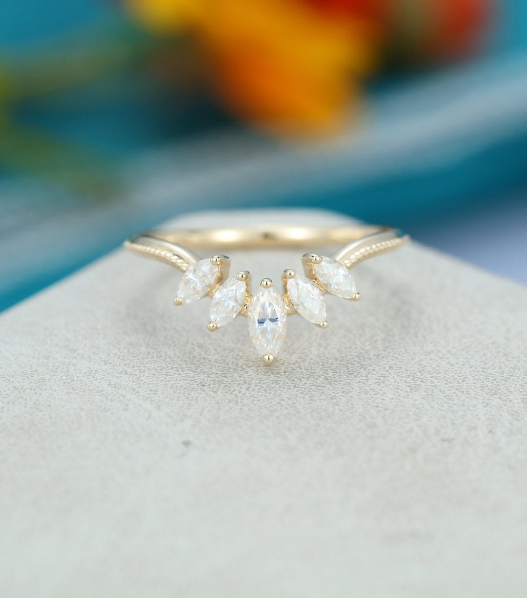 Marquise Cut Moissanite Curved Wedding Band Vintage 14k/18k Yellow Gold ...
