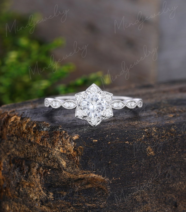 White sapphire engagement ring white gold Flower engagement ring vintage Unique Half eternity diamond wedding women Bridal Anniversary gift image 1