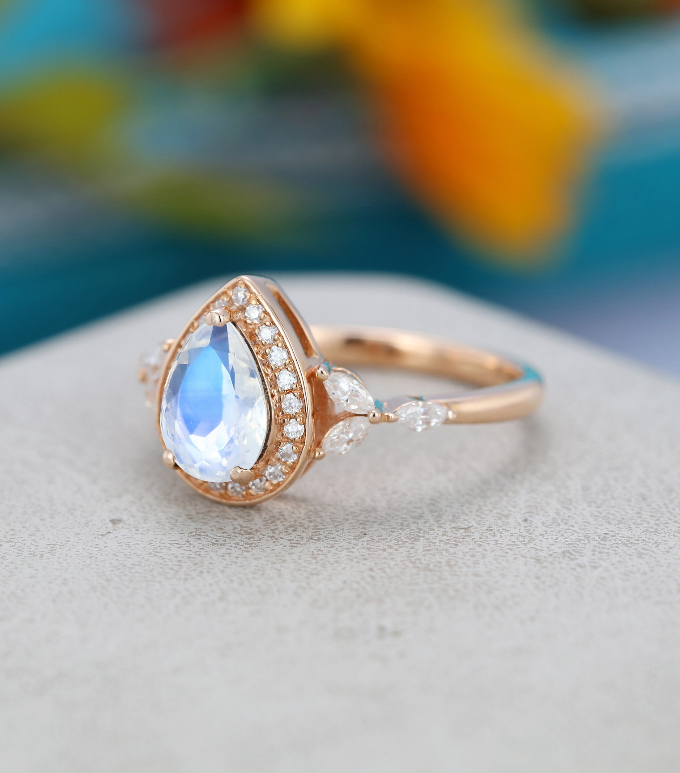 Pear shaped Moonstone engagement ring Rose gold vintage | Etsy