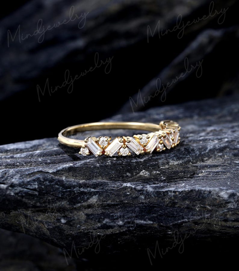 Baguette Cut Moissanite Wedding Band Vintage Solid 14k Yellow Gold Pave ...