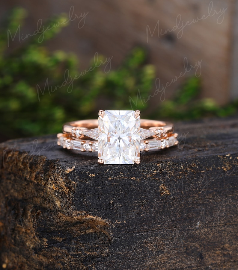 Radiant cut moissanite engagement ring set Unique rose gold engagement ring vintage baguette cut moissanite Bridal set Anniversary ring gift image 2