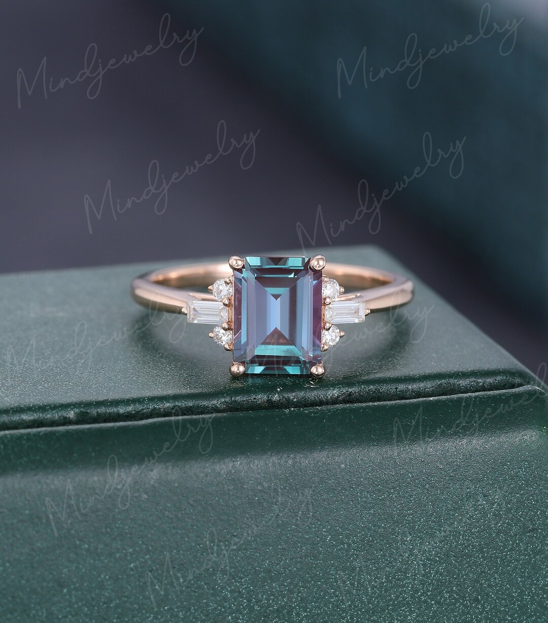 Emerald Cut Alexandrite Engagement Ring Unique Rose Gold Engagement