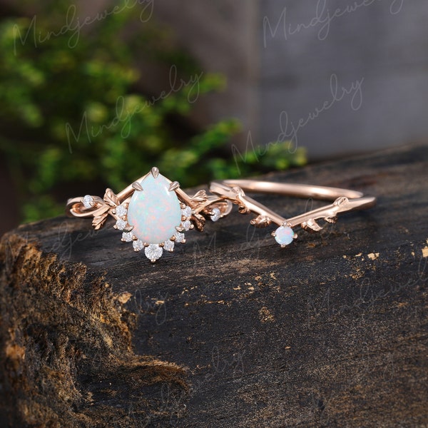 Pear shaped Opal engagement ring set Art deco Rose gold moissanite engagement ring women vintage Unique leaf diamond Bridal Anniversary gift