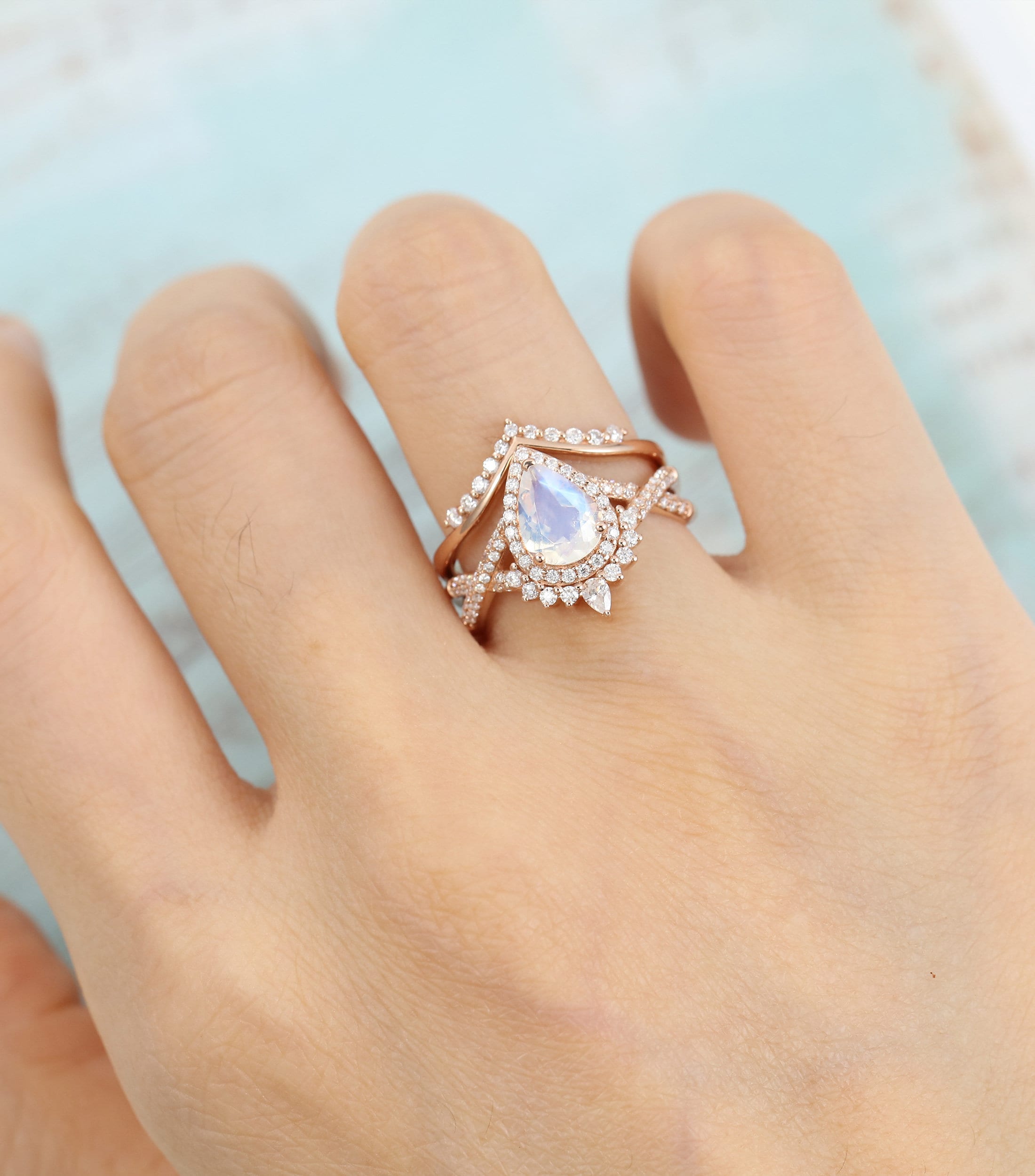 Pear Shaped Moonstone Engagement Ring Set Rose gold image 0