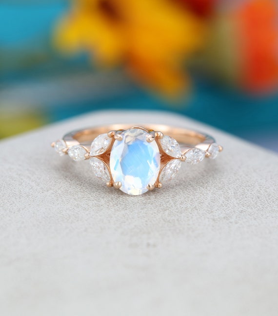 Oval cut Moonstone engagement ring Rose gold Unique vintage | Etsy