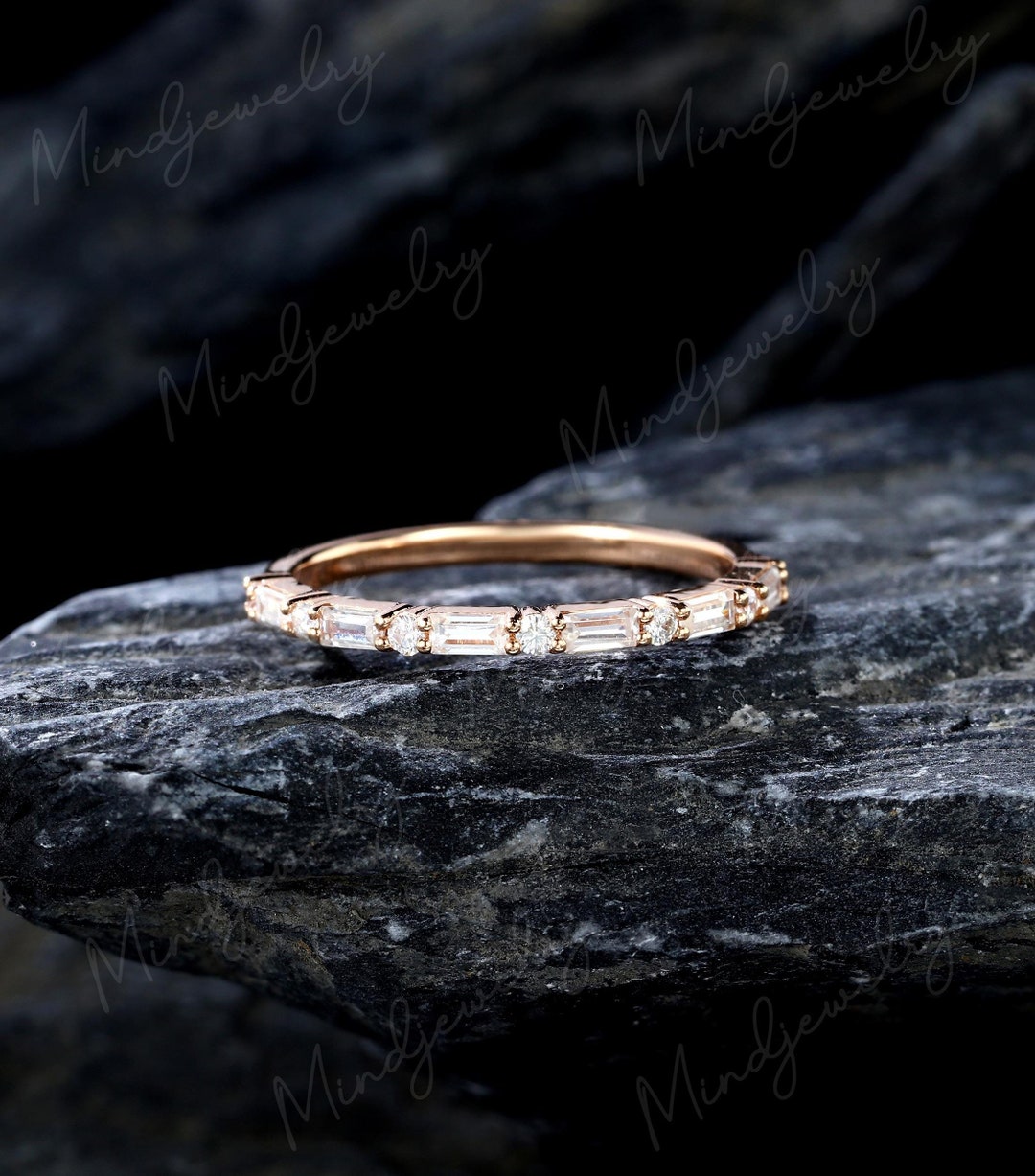 Baguette Cut Moissanite Wedding Band Women Unique 14k Rose Gold Half ...