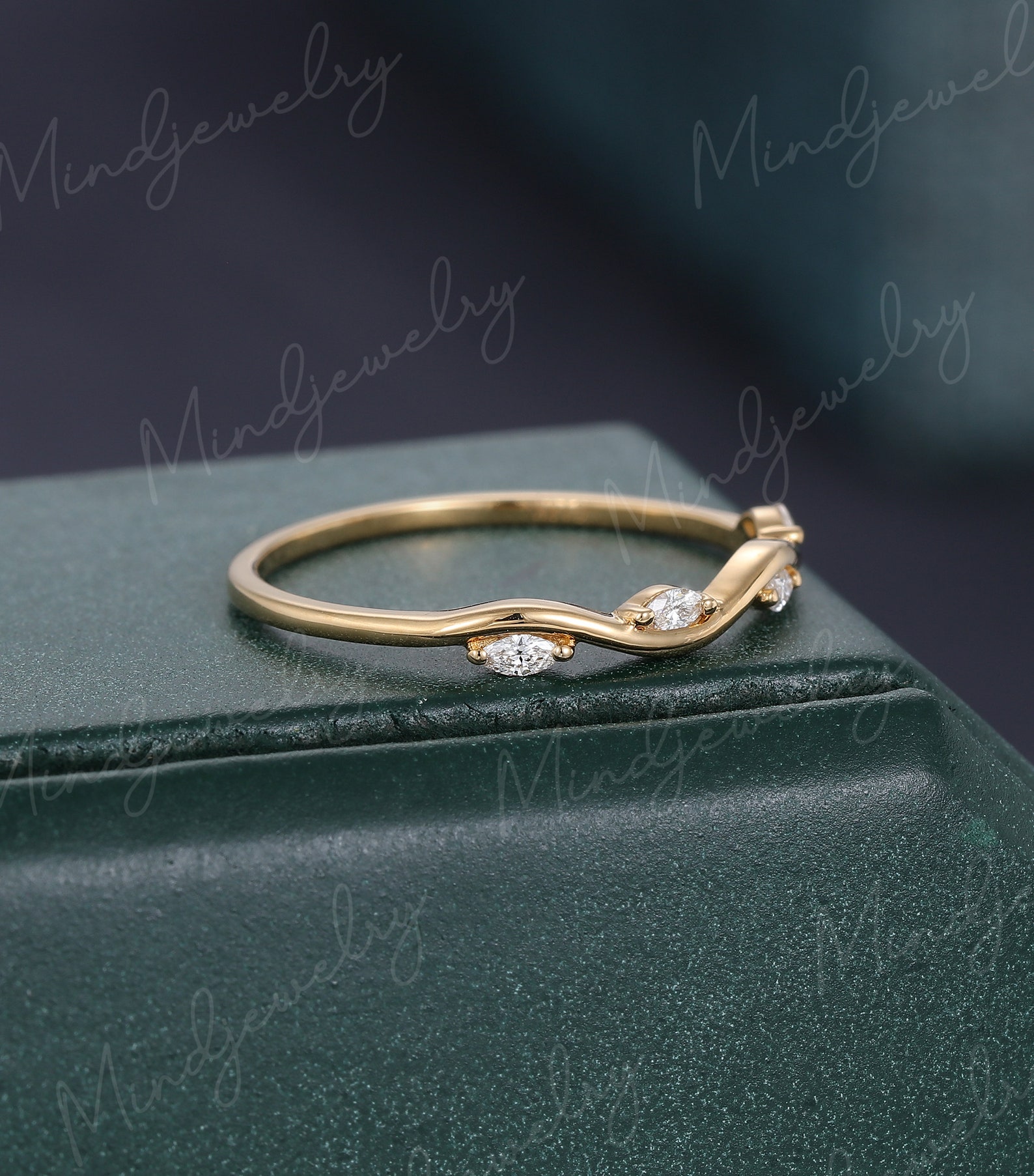 Solid 14K Yellow Gold Wedding Band Women Unique Marquise Cut - Etsy