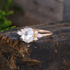 Oval White Sapphire Engagement Ring Rose Gold Unique Cluster - Etsy