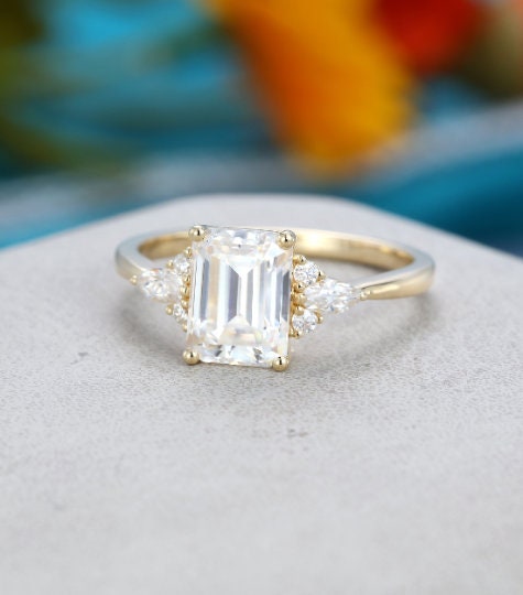 Emerald Cut Moissanite Engagement Ring Yellow Gold Unique | Etsy