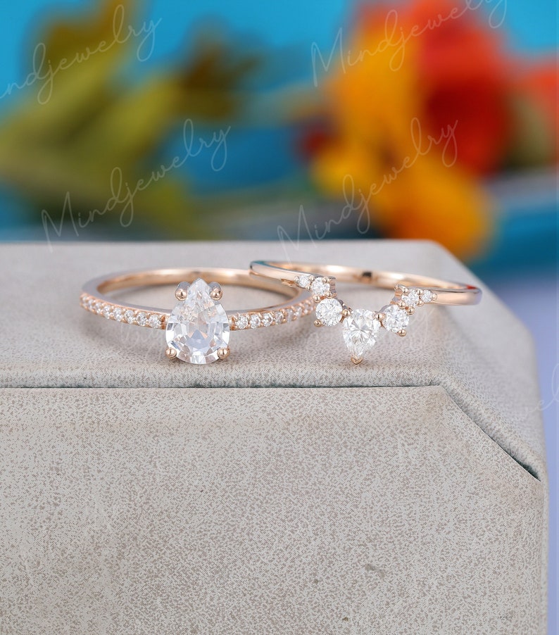 Rose Gold Engagement Ring Set Vintage Pear Shaped White Etsy