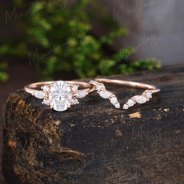 Vintage Oval cut Moissanite engagement ring set Rose gold Unique Cluster engagement ring diamond dainty open wedding Bridal gift for women