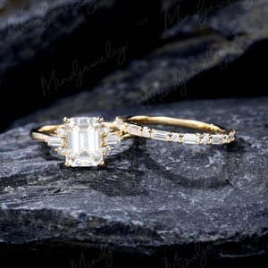 Emerald cut moissanite engagement ring set Unique yellow gold engagement ring  vintage baguette cut moissanite Bridal ring Anniversary gift